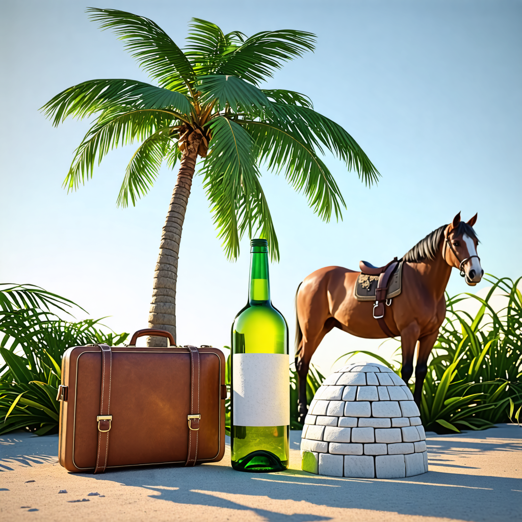 palm tree, bottle, suitcase, igloo, horse